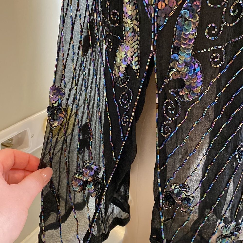 Vintage Beaded Pure Silk Black Evening Dress Art Deco Sequin Midi Size M - Picture 4 of 10